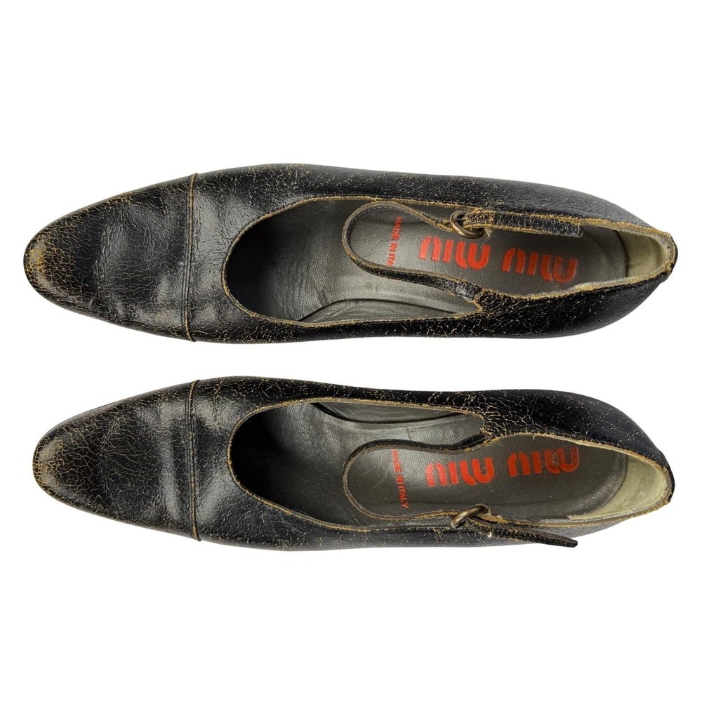 Vintage 2001 MIU MIU‎ Size 37 Black Crackle Leather Mary Janes Kitten Heels Y2K